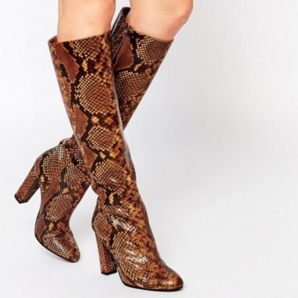 Aldo Women's Brown Etassi Snake Effect Leather Heeled Knee High Boots, Size 7.5 - Picture 4 of 8